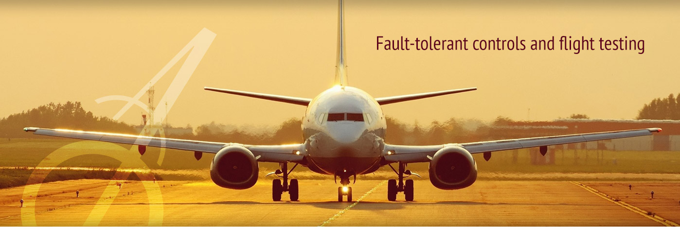 An airplane sitting on a runway with text Fault-tolerant control and flight testing.