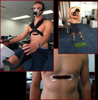 Individual shown wearing a heartwing and oxygen consumption system on a treadmill and swinging a golf club.