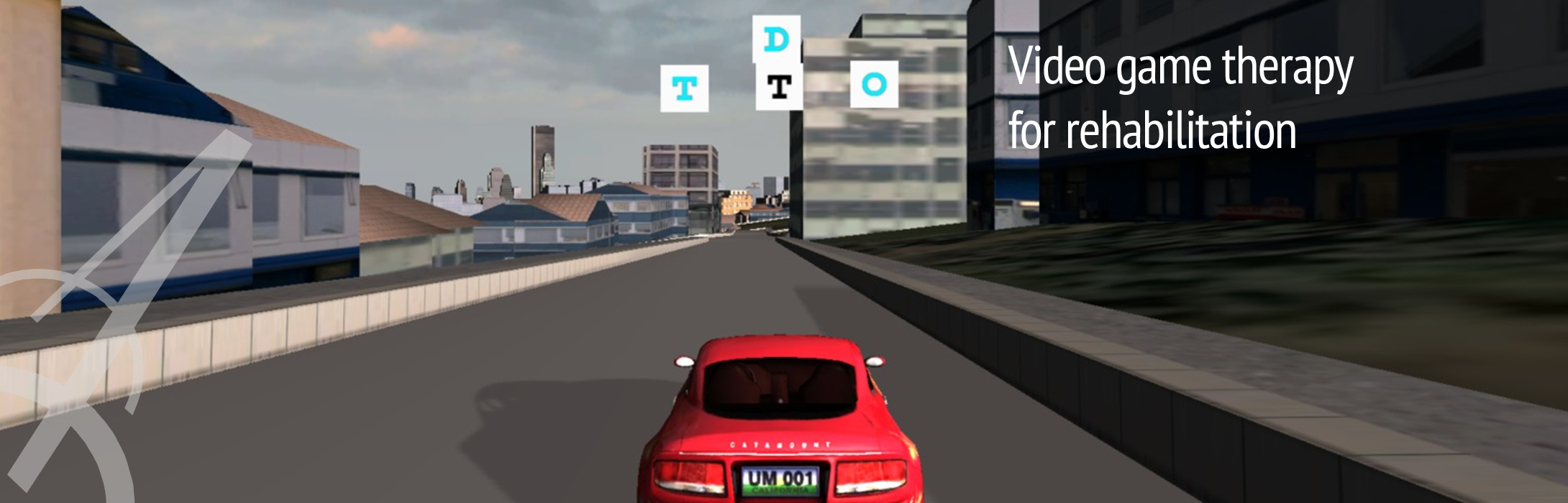 Image of a car driving video game with text Video game therapy and rehabilitation.