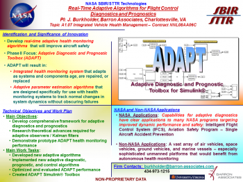 Quad chart describing real-time adaptive diagnostics and prognostics technology developed for NASA.