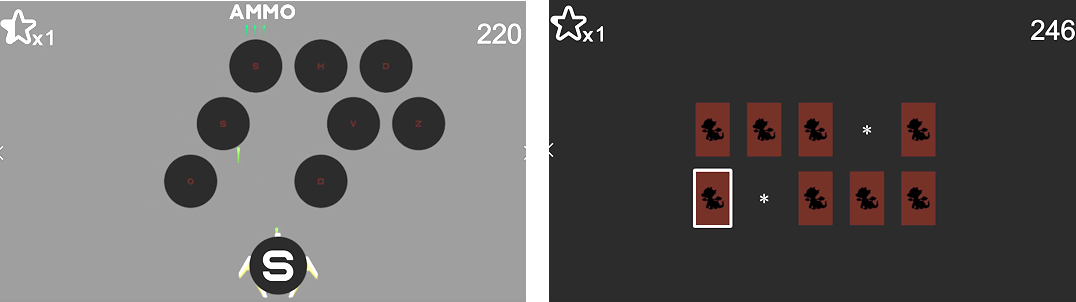 Amblyopia therapy video game screen capture showing space invaders and concentration inspired games.