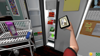 Screen capture of SaeboVR game character removing an item from a refrigerator.