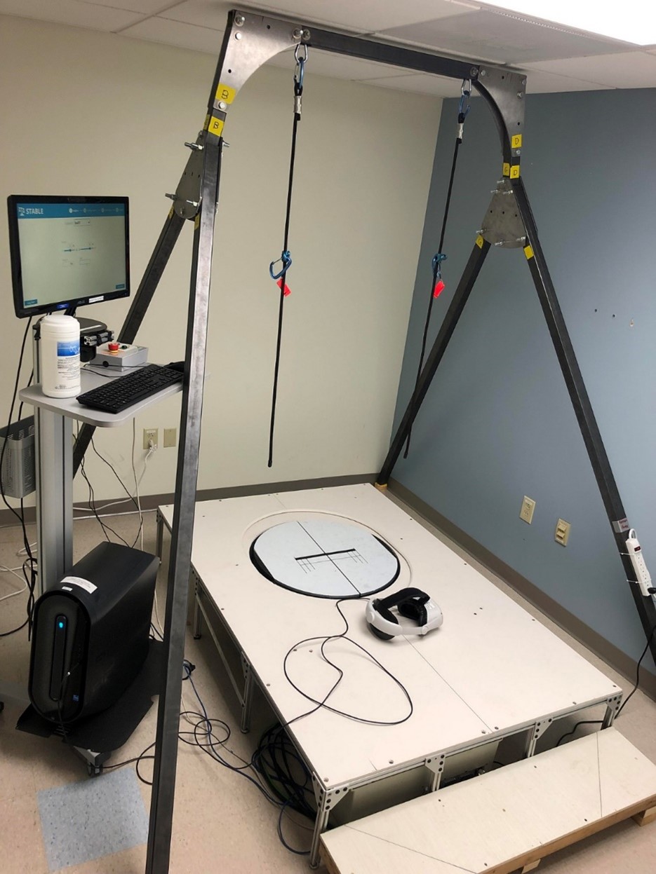 Balance platform image showing overhead support and movable tilt platform.